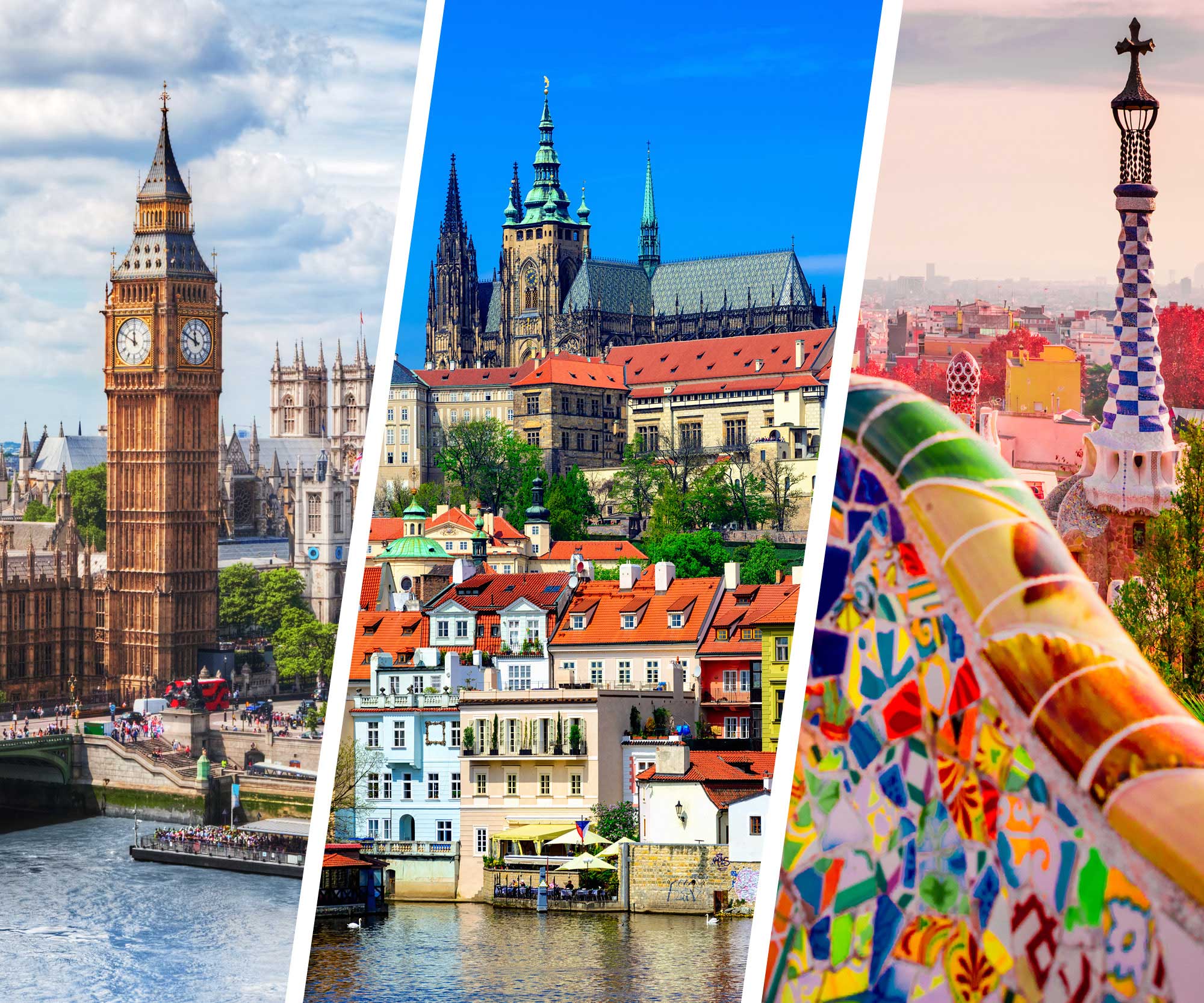 London - Big Ben, Prague Castle and Barcelona - Park Güell